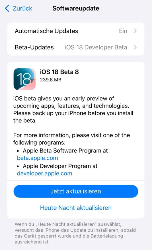 龙井苹果手机维修分享苹果 iOS / iPadOS 18 开发者预览版 Beta 8 发布 